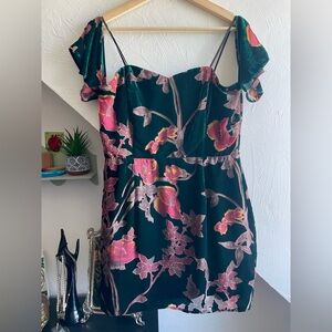 Flutter Sleeve Green Velvet Floral Dress